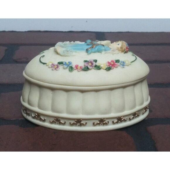 VTG 2001 trinket box angel little girl jewelry box resin ivory blue pink Oval - Picture 4 of 9